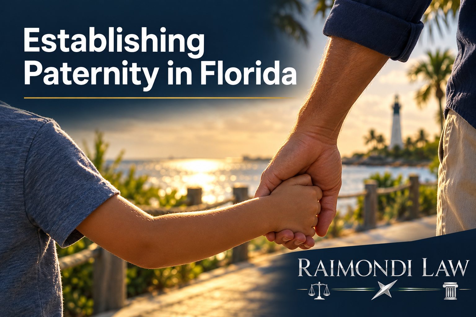 Adult and child holding hands near a South Florida lighthouse to represent establishing paternity.