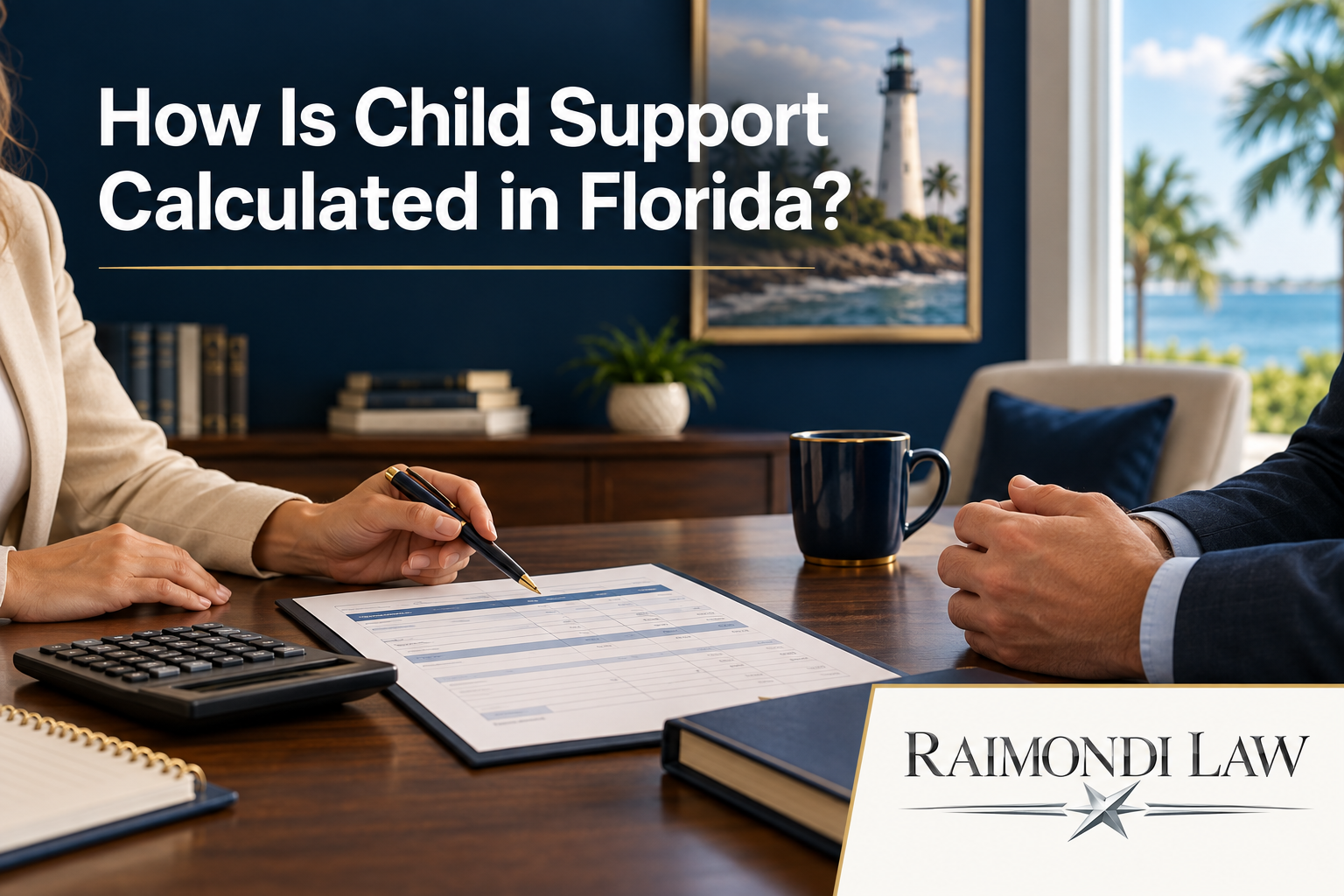 Parents review a financial worksheet in a Lighthouse Point law office for a Florida child support discussion.