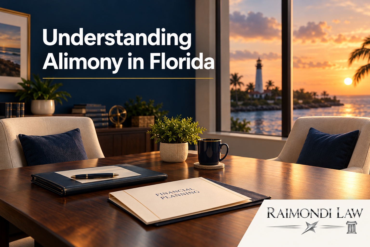 Quiet coastal law office with two chairs and financial planning materials for a Florida alimony discussion.