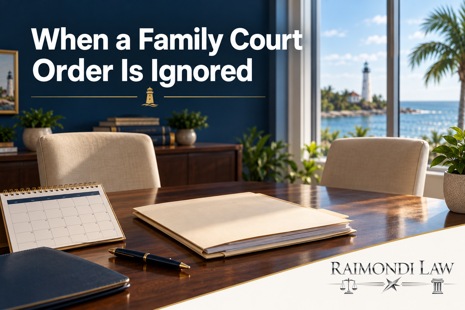 Organized legal folder and calendar in a coastal office for a discussion of enforcing a Florida family court order.