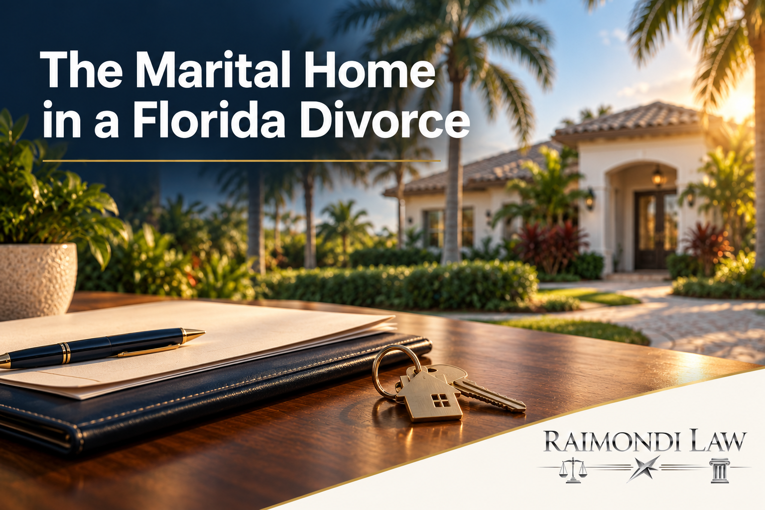 House keys and a document folder in the foreground of a South Florida home with palm landscaping.