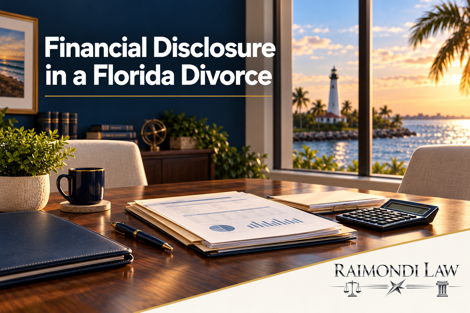 Organized financial documents and a calculator on a coastal law-office conference table.